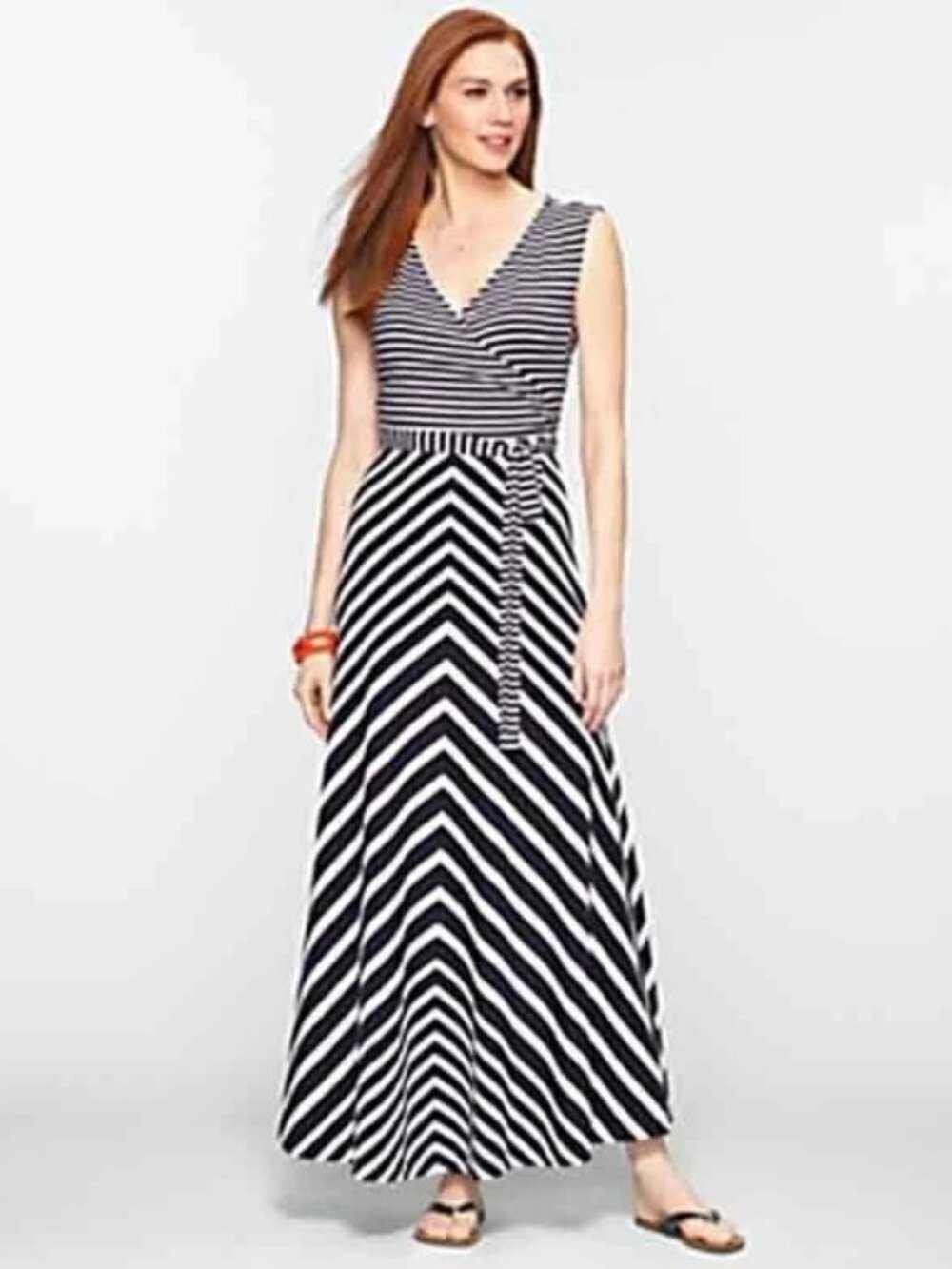 Talbots Striped Blue Maxi Dress Sz M Faux Wrap Belted Resort Coastal Chic Preppy